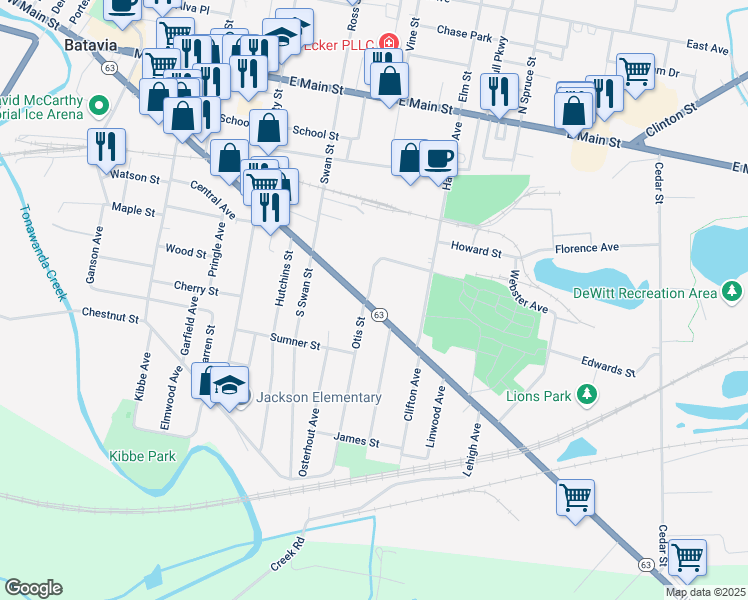 map of restaurants, bars, coffee shops, grocery stores, and more near 439 Ellicott Street in Batavia