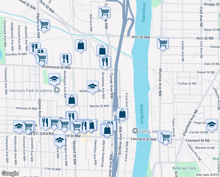 map of restaurants, bars, coffee shops, grocery stores, and more near 1503 Turner Avenue Northwest in Grand Rapids