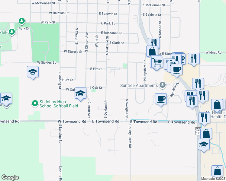 map of restaurants, bars, coffee shops, grocery stores, and more near 304 East Oak Street in Saint Johns