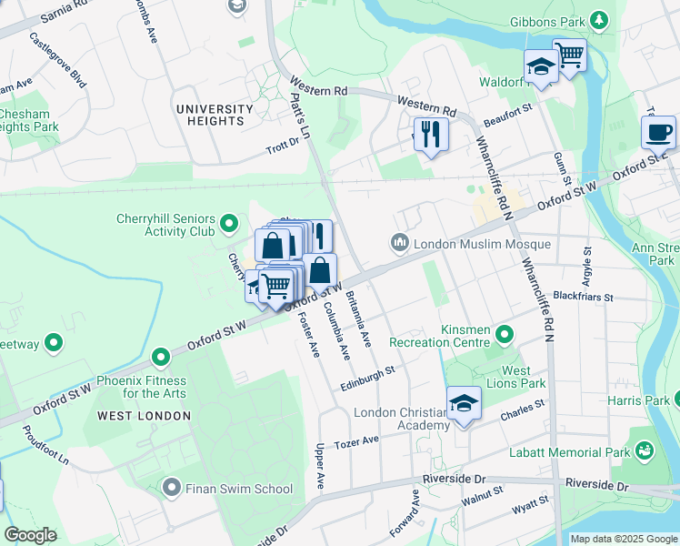 map of restaurants, bars, coffee shops, grocery stores, and more near 202-219 Oxford Street West in London