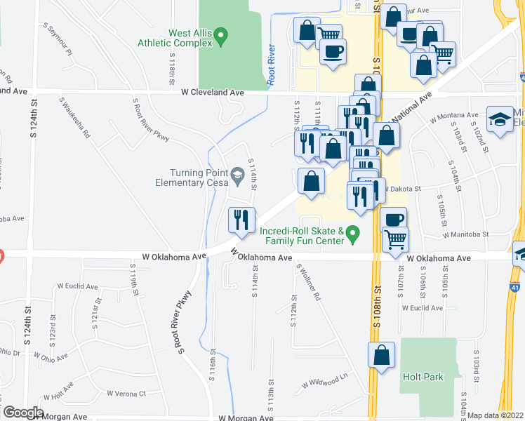 map of restaurants, bars, coffee shops, grocery stores, and more near 11322 West National Avenue in West Allis