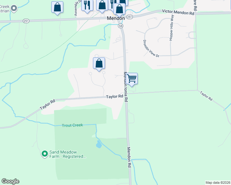 map of restaurants, bars, coffee shops, grocery stores, and more near 407 Taylor Road in Honeoye Falls