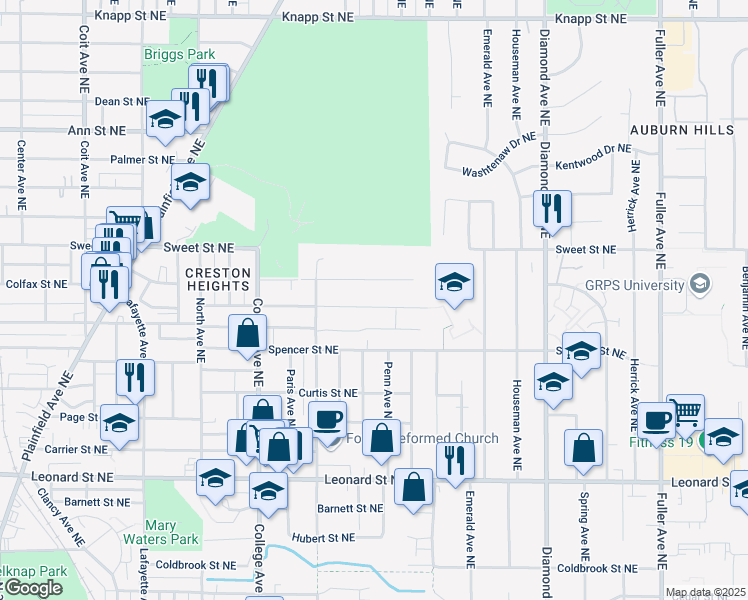 map of restaurants, bars, coffee shops, grocery stores, and more near 709 Marietta Street Northeast in Grand Rapids
