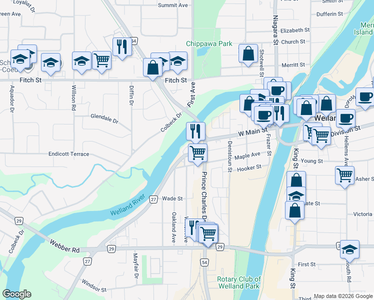 map of restaurants, bars, coffee shops, grocery stores, and more near 12 Riverside Drive in Welland