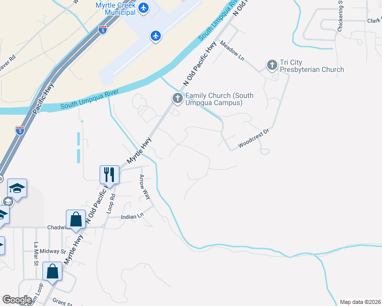 map of restaurants, bars, coffee shops, grocery stores, and more near 224 Aker Drive in Myrtle Creek
