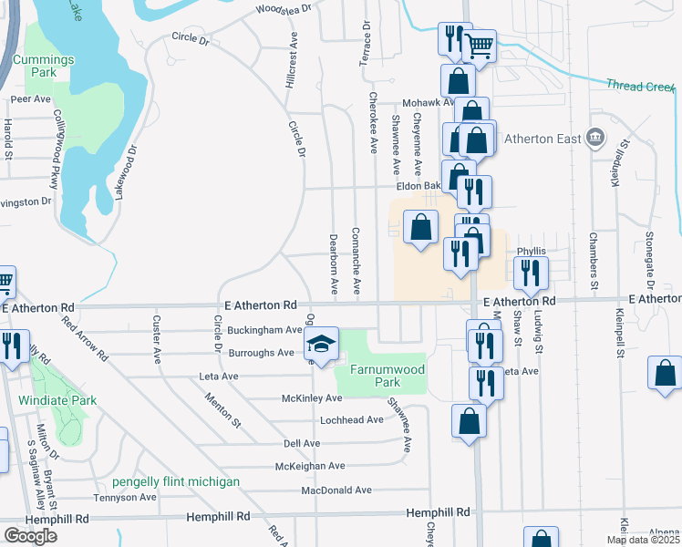 map of restaurants, bars, coffee shops, grocery stores, and more near 3619 Dearborn Avenue in Flint