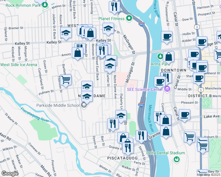 map of restaurants, bars, coffee shops, grocery stores, and more near 241 Cartier Street in Manchester