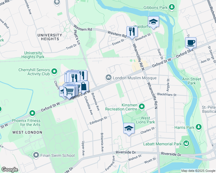 map of restaurants, bars, coffee shops, grocery stores, and more near 156 Oxford Street West in London