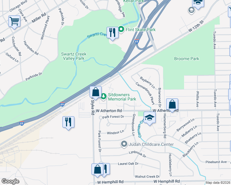 map of restaurants, bars, coffee shops, grocery stores, and more near 3651 Balfour Court in Flint
