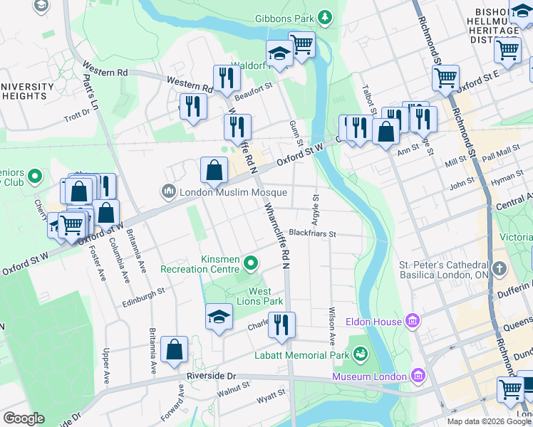 map of restaurants, bars, coffee shops, grocery stores, and more near 212 Wharncliffe Road North in London