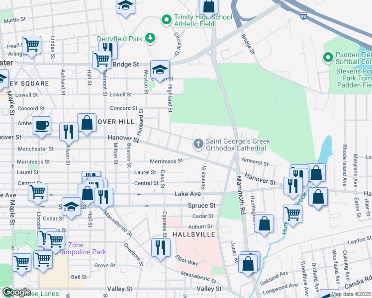 map of restaurants, bars, coffee shops, grocery stores, and more near 628 Hanover Street in Manchester