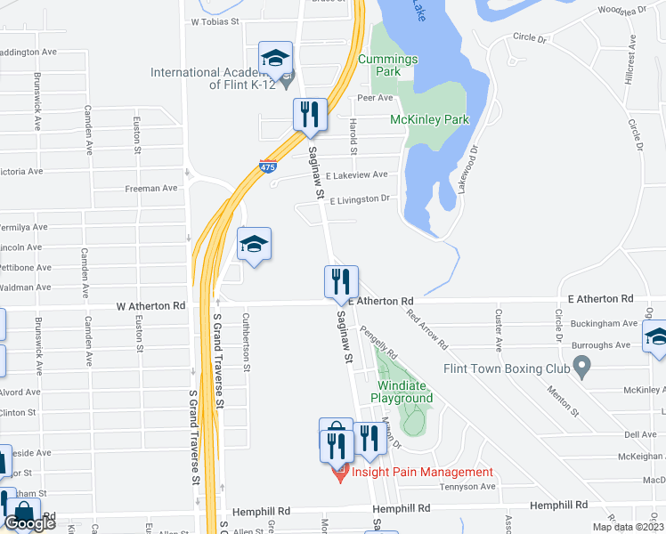 map of restaurants, bars, coffee shops, grocery stores, and more near Saginaw Street in Flint