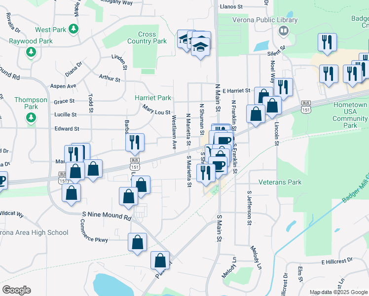 map of restaurants, bars, coffee shops, grocery stores, and more near 300 West Verona Avenue in Verona