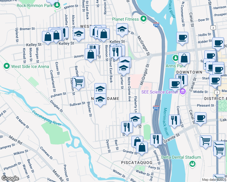 map of restaurants, bars, coffee shops, grocery stores, and more near 250 Dubuque Street in Manchester