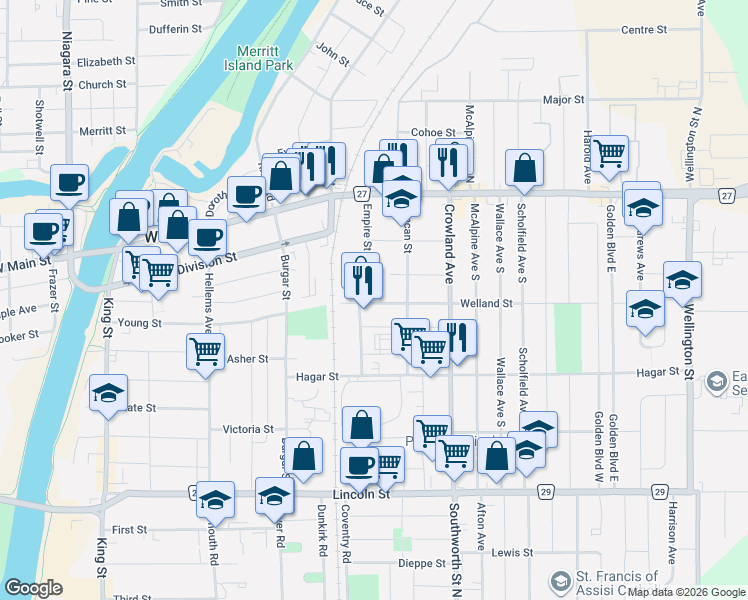 map of restaurants, bars, coffee shops, grocery stores, and more near 34 Welland Street in Welland