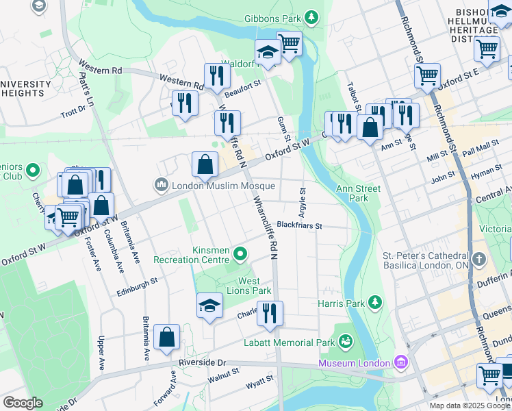map of restaurants, bars, coffee shops, grocery stores, and more near 212 Wharncliffe Road North in London