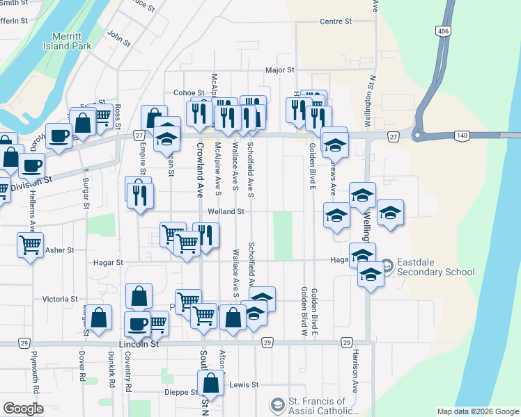 map of restaurants, bars, coffee shops, grocery stores, and more near 779 Welland Street in Welland