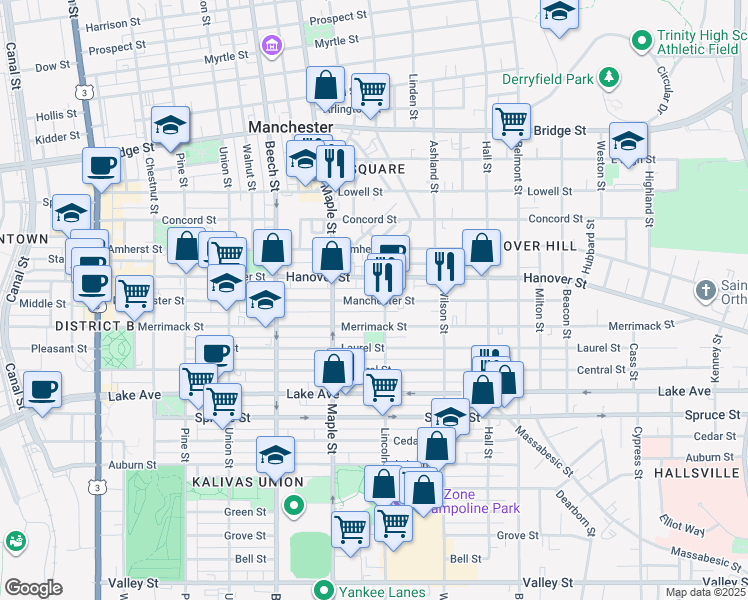 map of restaurants, bars, coffee shops, grocery stores, and more near 352 Manchester Street in Manchester