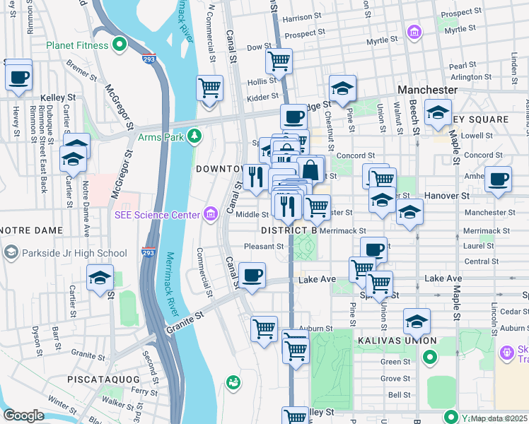 map of restaurants, bars, coffee shops, grocery stores, and more near 66 Middle Street in Manchester