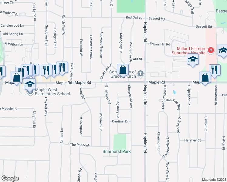 map of restaurants, bars, coffee shops, grocery stores, and more near 134 Segsbury Road in Buffalo