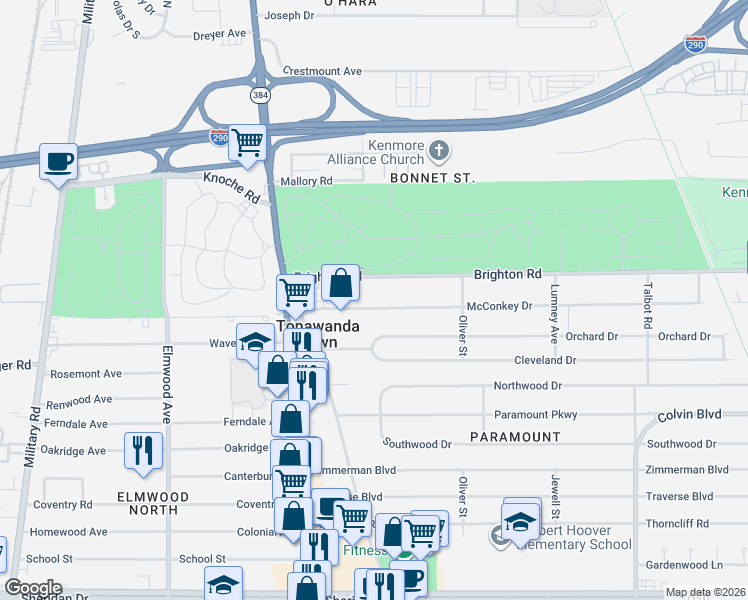 map of restaurants, bars, coffee shops, grocery stores, and more near 78 McConkey Drive in Buffalo