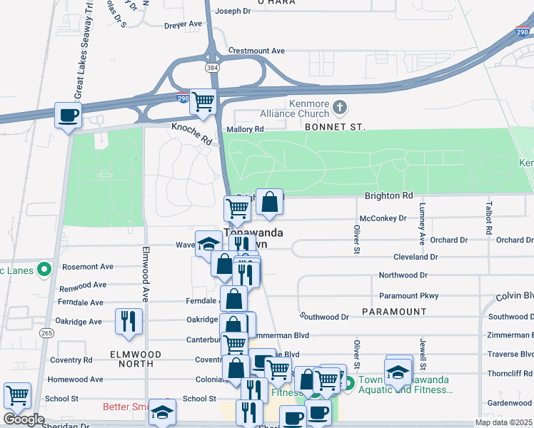 map of restaurants, bars, coffee shops, grocery stores, and more near 38 McConkey Drive in Buffalo