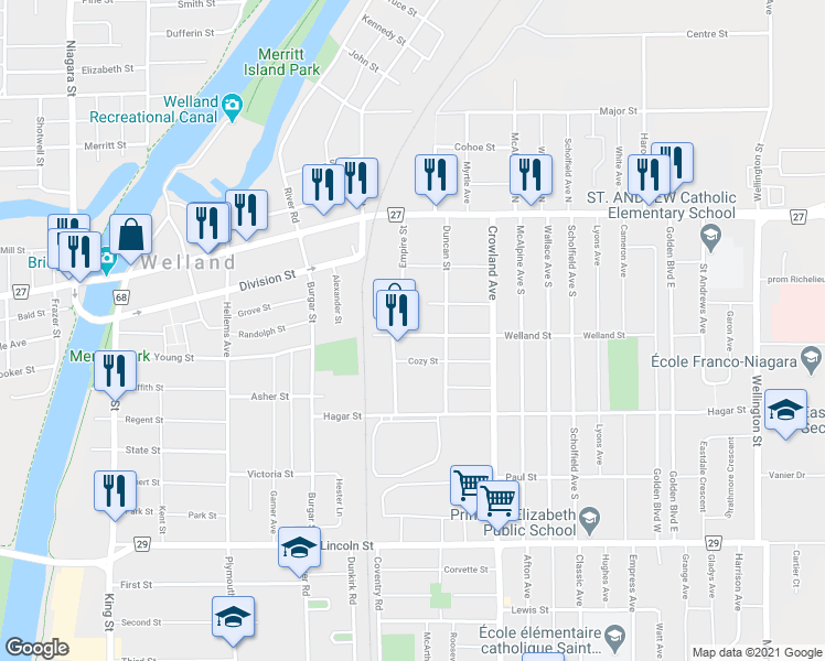 map of restaurants, bars, coffee shops, grocery stores, and more near in Welland
