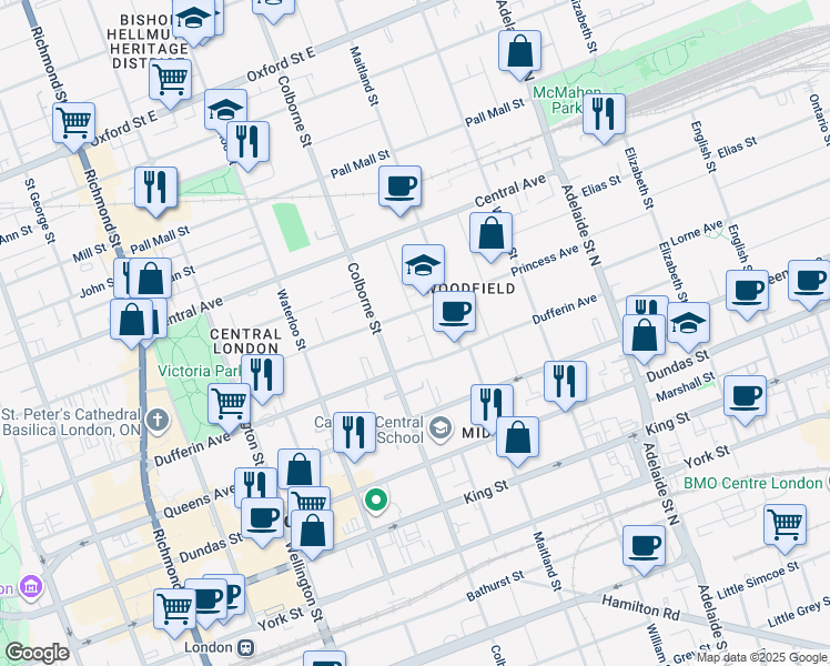 map of restaurants, bars, coffee shops, grocery stores, and more near in London