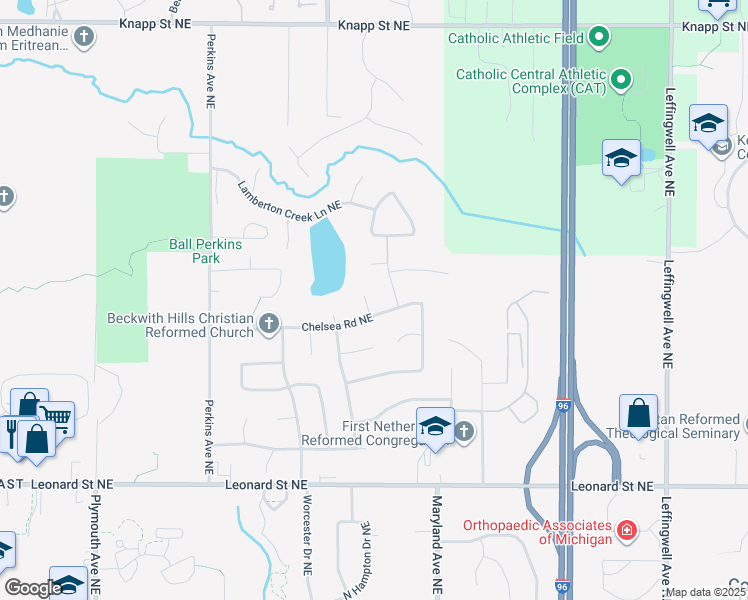 map of restaurants, bars, coffee shops, grocery stores, and more near 2301 Chelsea Road Northeast in Grand Rapids