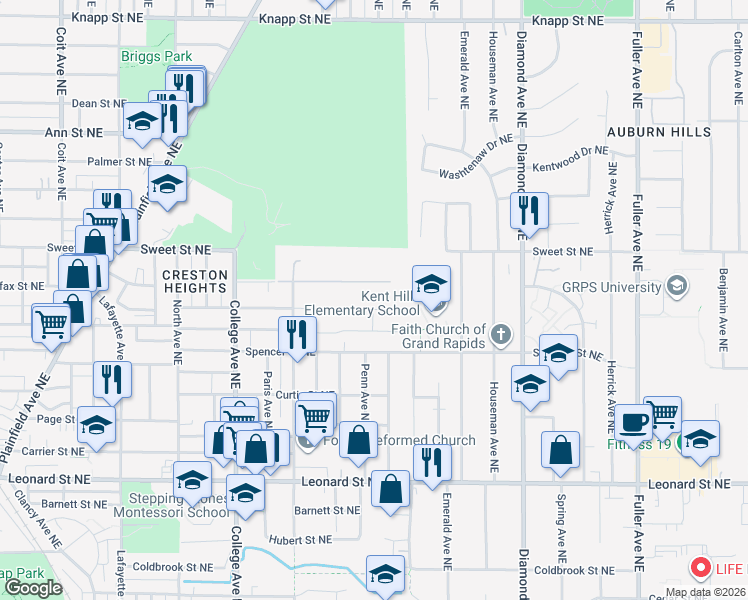 map of restaurants, bars, coffee shops, grocery stores, and more near 723 Marietta Street Northeast in Grand Rapids