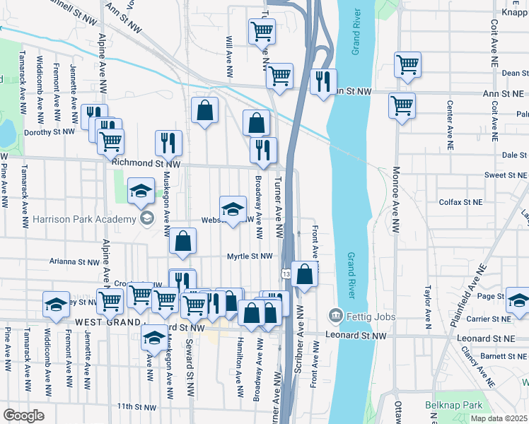 map of restaurants, bars, coffee shops, grocery stores, and more near 417 Webster Street Northwest in Grand Rapids