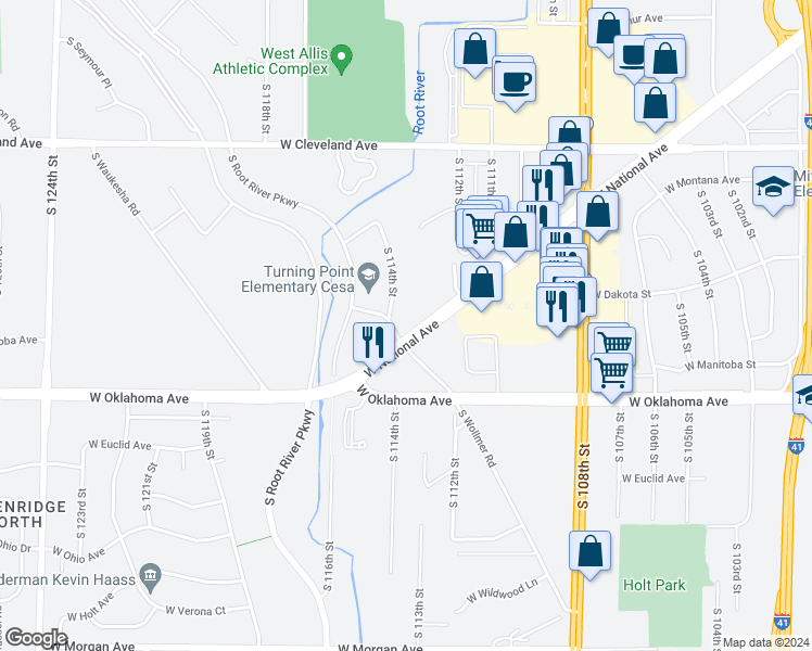 map of restaurants, bars, coffee shops, grocery stores, and more near 11322 West National Avenue in West Allis
