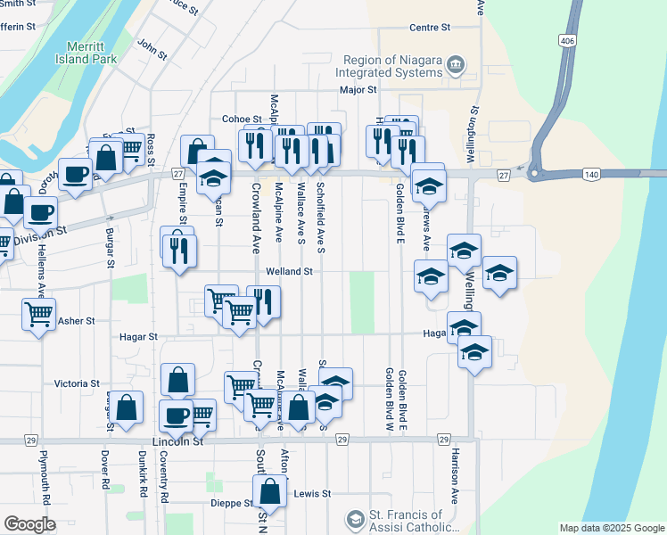 map of restaurants, bars, coffee shops, grocery stores, and more near 779 Welland Street in Welland