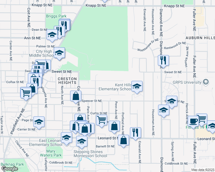 map of restaurants, bars, coffee shops, grocery stores, and more near 641 Marietta St NE in Grand Rapids