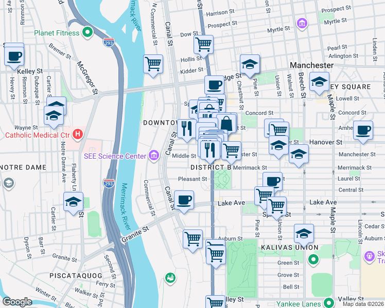map of restaurants, bars, coffee shops, grocery stores, and more near 66 Middle Street in Manchester