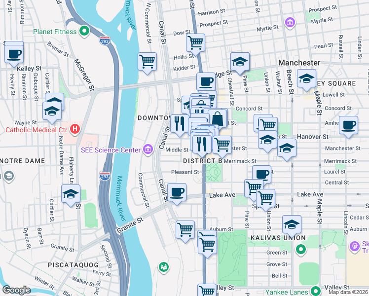 map of restaurants, bars, coffee shops, grocery stores, and more near 66 Middle Street in Manchester