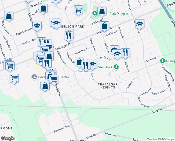 map of restaurants, bars, coffee shops, grocery stores, and more near 32 Noel Avenue in London
