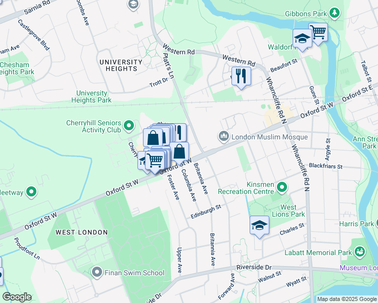 map of restaurants, bars, coffee shops, grocery stores, and more near 202-219 Oxford Street West in London