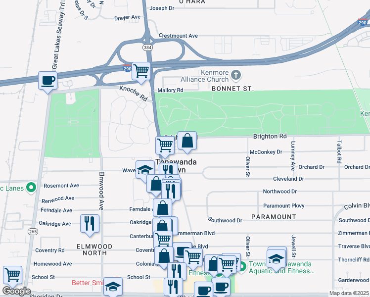 map of restaurants, bars, coffee shops, grocery stores, and more near 38 McConkey Drive in Buffalo