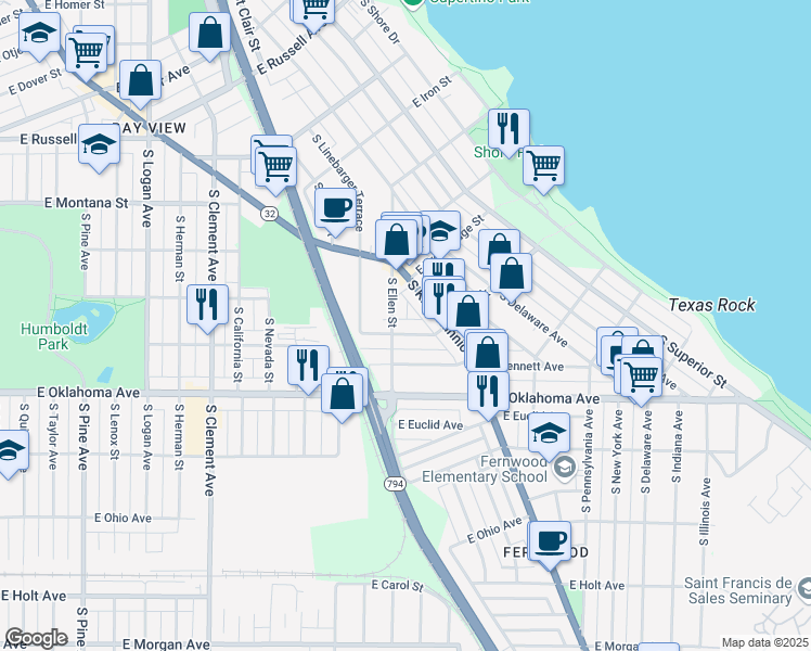 map of restaurants, bars, coffee shops, grocery stores, and more near 1812 East Rusk Avenue in Milwaukee