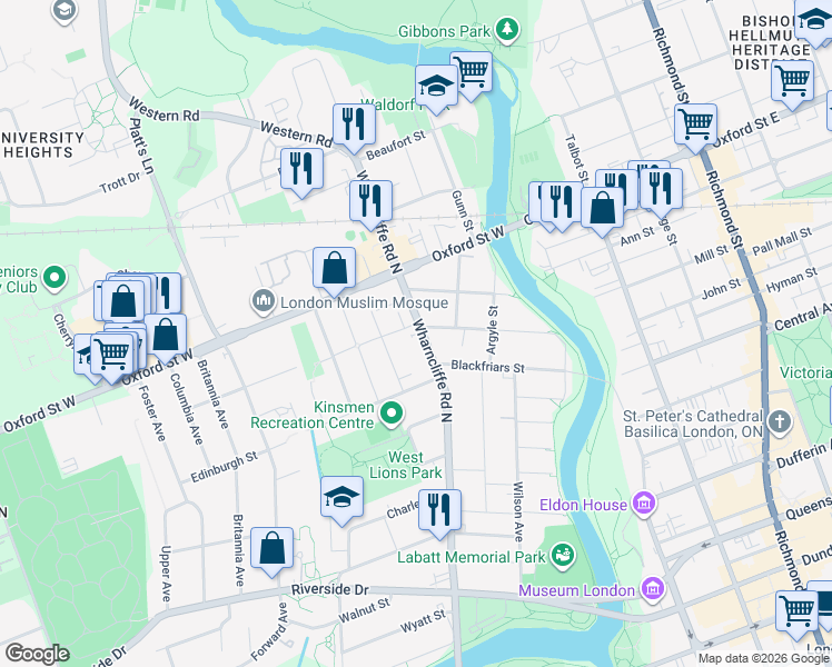 map of restaurants, bars, coffee shops, grocery stores, and more near 214 Wharncliffe Road North in London