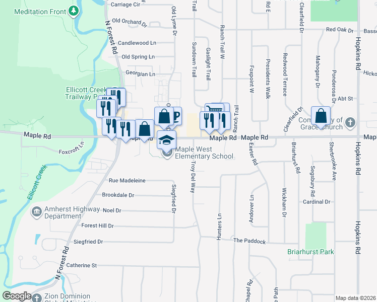 map of restaurants, bars, coffee shops, grocery stores, and more near 370 Troy Del Way in Buffalo
