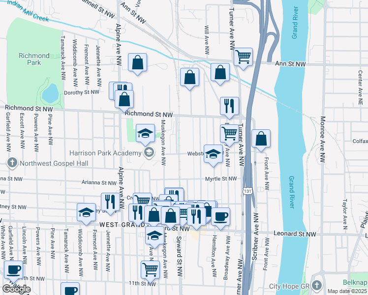 map of restaurants, bars, coffee shops, grocery stores, and more near 615 Webster Street Northwest in Grand Rapids