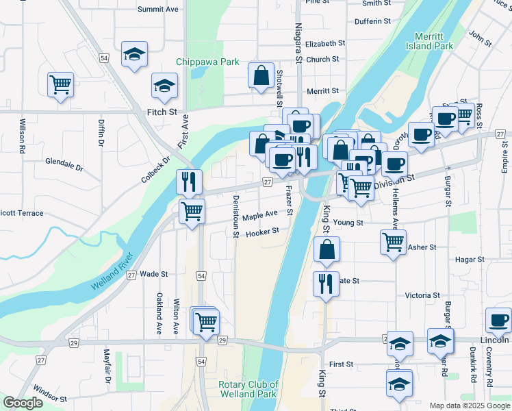 map of restaurants, bars, coffee shops, grocery stores, and more near 93 Bald Street in Welland