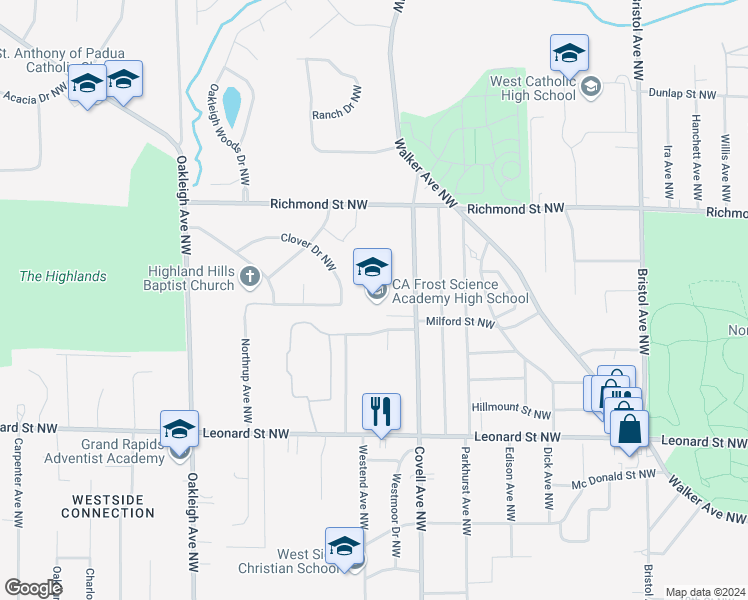 map of restaurants, bars, coffee shops, grocery stores, and more near 1417 Covell Avenue Northwest in Grand Rapids