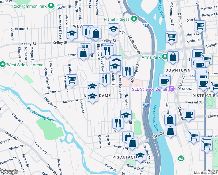 map of restaurants, bars, coffee shops, grocery stores, and more near 102 Putnam Street in Manchester