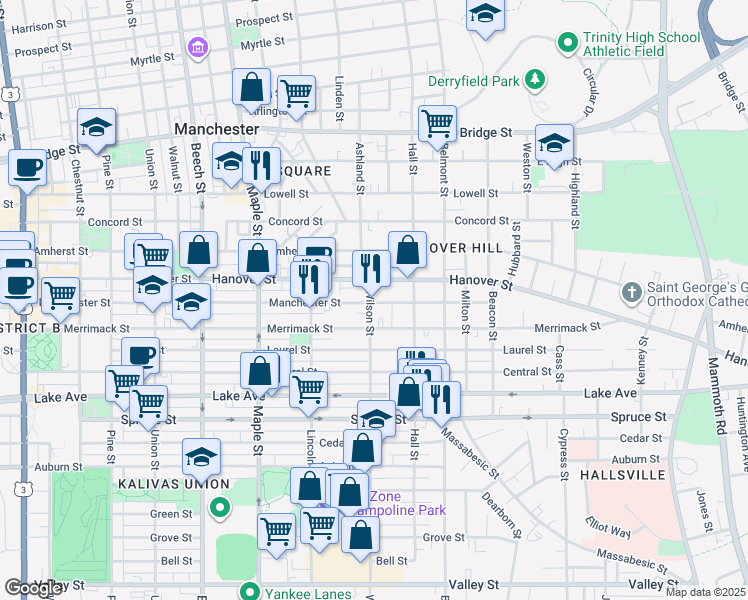 map of restaurants, bars, coffee shops, grocery stores, and more near 422 Manchester Street in Manchester