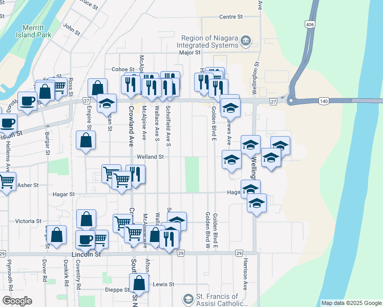 map of restaurants, bars, coffee shops, grocery stores, and more near 826 Welland Street in Welland