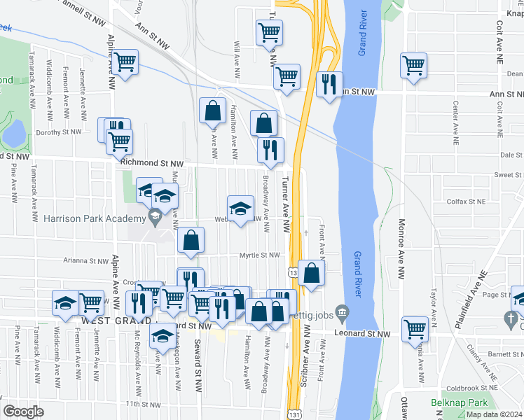map of restaurants, bars, coffee shops, grocery stores, and more near 1511 Broadway Avenue Northwest in Grand Rapids