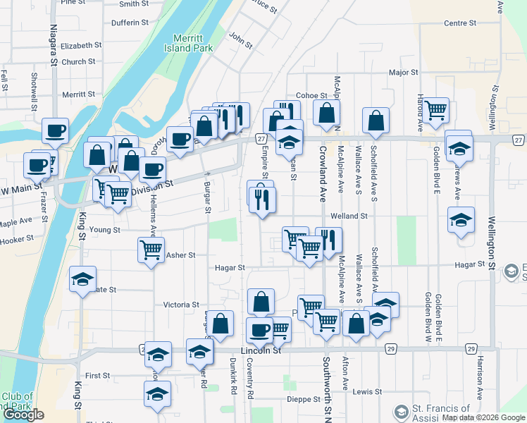 map of restaurants, bars, coffee shops, grocery stores, and more near 92 Empire Street in Welland